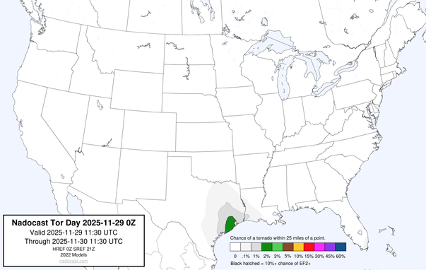 0z Day #Tornado Forecast - a map of the United States depicting areas of various colors to incidate tornado risks