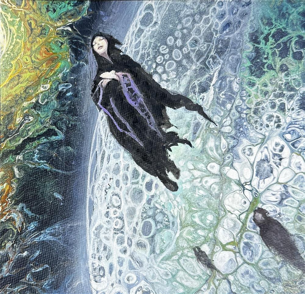 A woman in dark robes holds her hands crossed over her chest as she floats upward from a planet toward a warm splash of color at the edge of the panel left. The color patterns of the planet—rendered in white, blue, and green—and the warm space beyond are abstract swirls and bubbles. Her hood is up, exposing only the pale skin of her face, and her eyes are closed as if deep in meditation. Purple trim trails the hem of the long gap of her sleeves. Two other figures ascend behind her.
