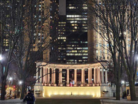 Night shot of the Founders of Millennium Park memorial, its columns brightly illuminated with lights. Behind it are skyscrapers with some lights on, and it is flanked on either side by trees with no leaves.