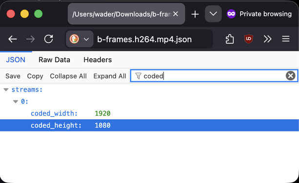 Firefox JSON viewer searching for "coded"