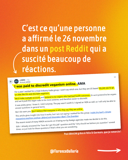2 Visuel dans les tons de rouge-orangé disant : « C’est ce qu’une personne a affirmé le 26 novembre dans un post Reddit qui a suscité beaucoup de réactions. » et montrant une capture d’écran du post en question.