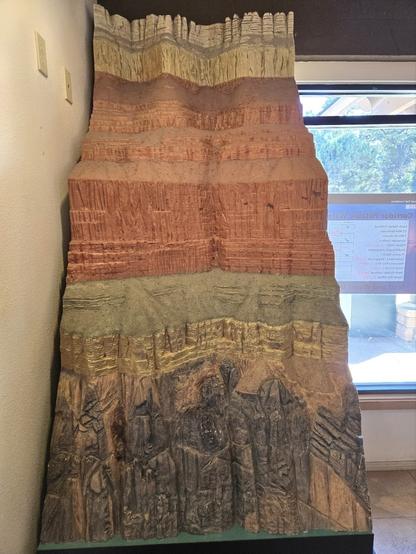 Another view of the museum model depicting the rock layers within the Grand Canyon. This side shows a realistic model of what the rock layers look like.  The horizontal limestone, sandstone, and shale layers are hues of white, red, and grayish green. Below the Great Unconformity, the metamorphic rock is a mix browns and grays.