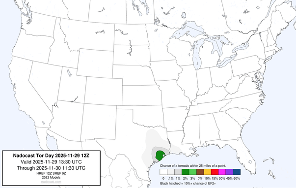12z Day #Tornado Forecast - a map of the United States depicting areas of various colors to incidate tornado risks