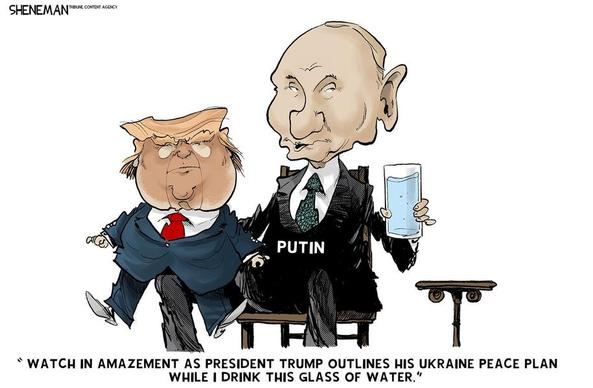 Cartoon commentary by Drew Sheneman noting how Putin uses Trump like a puppet to get what Russia wants with Ukraine