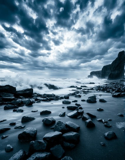 A brooding coastal scene where jagged rocks meet crashing waves under a stormy sky. Towering sea stacks loom in the distance, shrouded in mist and shadow. The dim, bluish light evokes a sense of raw power and isolation, capturing nature’s untamed beauty at the edge of land and sea.
Eine düstere Küstenszene, in der zerklüftete Felsen von tosenden Wellen umspült werden, unter einem stürmischen Himmel. Im Hintergrund ragen geheimnisvolle Felssäulen aus dem Wasser, umhüllt von Nebel und Schatten. Das bläuliche Dämmerlicht vermittelt rohe Kraft und Einsamkeit – ein eindrucksvolles Porträt der ungezähmten Schönheit der Natur am Rand von Land und Meer.