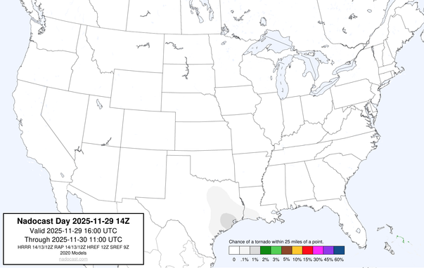 14z Day #Tornado Forecast - a map of the United States depicting areas of various colors to incidate tornado risks