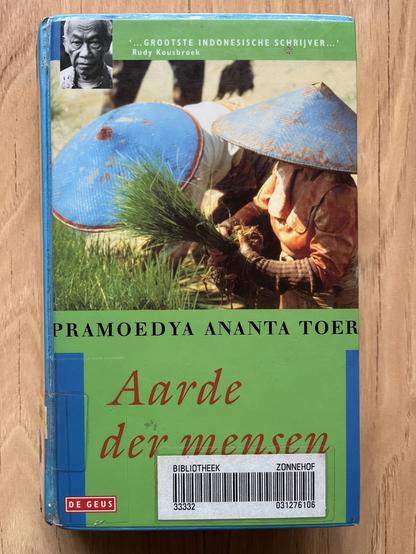 voorkant van het boek met mensen die rijst oogsten met een grote blauwe hoed op