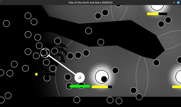 screenshot of the player trying to connect with a being shrouded in darkness, with lightbulbs guiding the way through a dark place