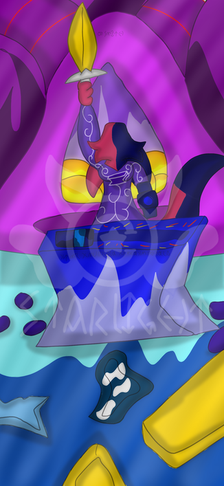 Red Roses standing behind her anvil holding a sword into the sky, her floor is a mess and her furnace glows softly.