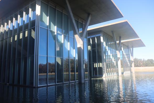 The exterior galleries of The Modern Art Museum of Fort Worth are optimally built for art and overlook a 1.5-acre pond.