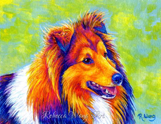 A colorful painting of a Shetland Sheepdog in bright rainbow colors.