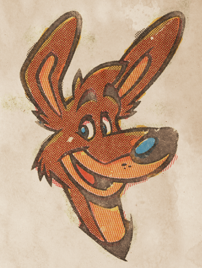 A work-in-progress of a digital portrait drawing of a cute cartoony styled anthropomorphic/furry kangaroo. He is looking towards the viewer. The screenshot shows different digital halftone filter techniques that mimic vintage/retro 4-color printing processes, used in e.g. old comics. It also showcases overprinting and printing imperfections, drawn with Krita's built-in tools, with no custom brushes. Krita is very powerful!