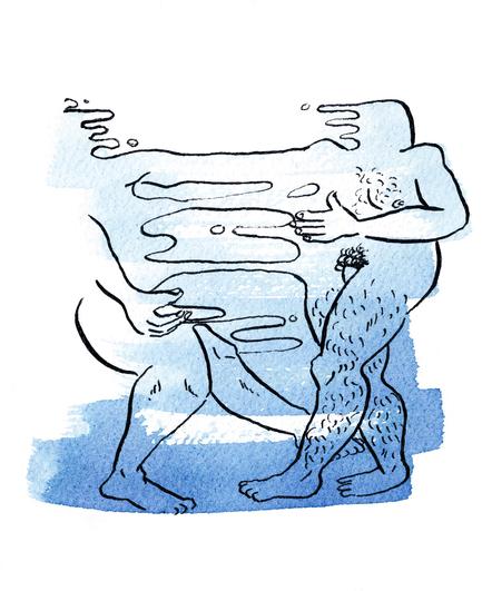 Dessin sur fond blanc à l'encre, des tcoups de pinceau rectangulaires traversent la feuille, par dessus un dessin en lignes noires de deux personnes nues qui semblent fusionner ou défusionner l'une avec l'autre