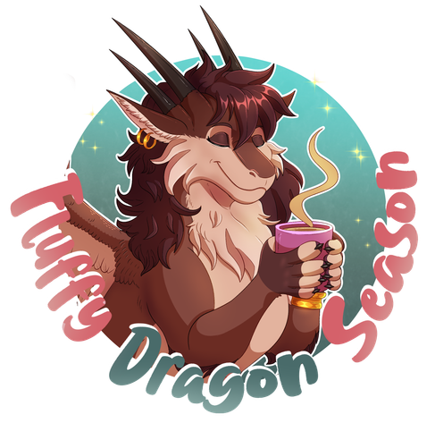 A cheerful, fluffy dragon character is shown from the waist up, holding a steaming mug with both hands. The dragon has brown and cream fur, long dark hair, multiple black horns, and gold earrings. She smiles softly with closed eyes, looking cozy and content. Behind her is a teal circular background with small sparkles. Stylized text wraps around the circle, reading “Fluffy Dragon Season” in playful pink and green letters.