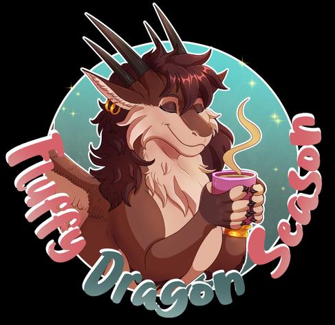 A cheerful, fluffy dragon character is shown from the waist up, holding a steaming mug with both hands. The dragon has brown and cream fur, long dark hair, multiple black horns, and gold earrings. She smiles softly with closed eyes, looking cozy and content. Behind her is a teal circular background with small sparkles. Stylized text wraps around the circle, reading “Fluffy Dragon Season” in playful pink and green letters.