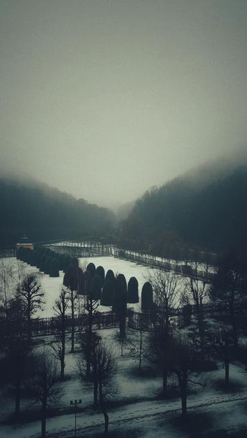 A park in grey fog. Hills hidden by clouds, in the back.