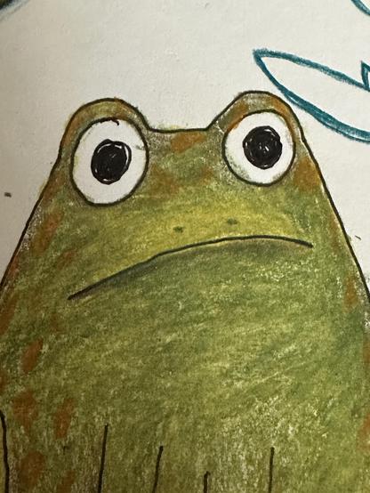 A big-eyed green frog who looks a bit confused… done in colored pencil.