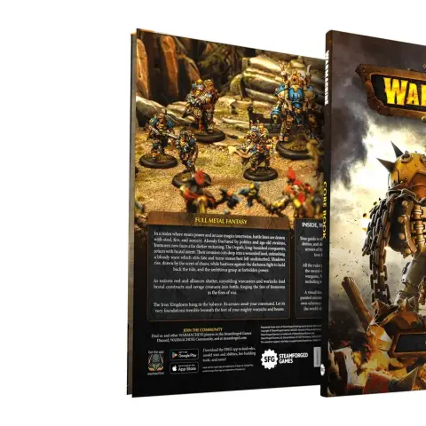 A hardcover rulebook for Warmachine is prominently displayed, featuring a striking cover with a large, armored warjack on the front. The back cover showcases a group of detailed miniatures in a rocky terrain, depicting various warcasters and constructs engaged in battle. Text highlights the core themes of the game, including its rich lore and the ongoing conflict in the Iron Kingdoms, while the spine of the book is labeled "CORE BOOK."