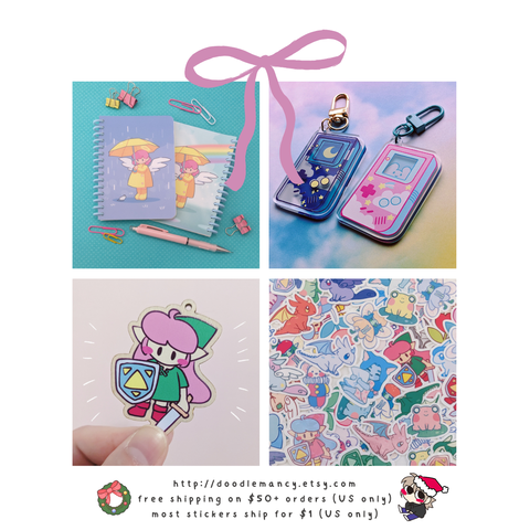 ad for my shop showing some of my products: notebooks, charms, and stickers. http://doodlemancy.etsy.com, free shipping on $50+ orders (US only) and most stickers ship for $1 (US only).