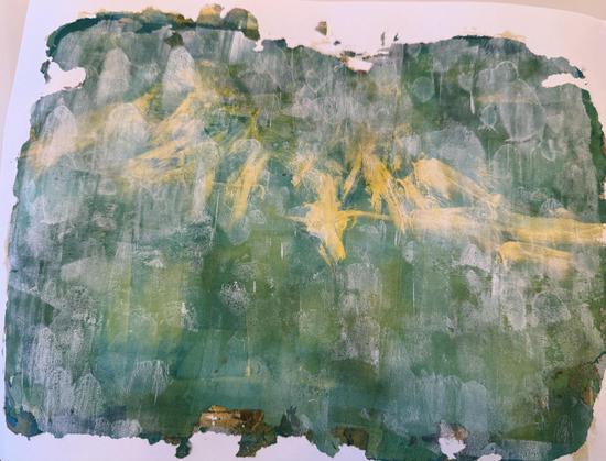 Another abstracted pattern that is intended to be a mountain range. Gold, greens, browns.