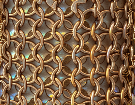 Close up of interlocked copper rings forming a decorative chain maille pattern with hints of iridescent shimmer against a smooth metallic surface.