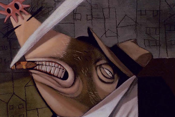 1997 Surrealistic Depiction of a Man with Sharp Features and Disturbing Imagery

The image is an abstract, surreal artwork depicting a man's head in close-up.
His facial features are exaggerated and distorted—large eyes, sharp teeth, and a prominent nose—all rendered in muted tones that blend into the background.