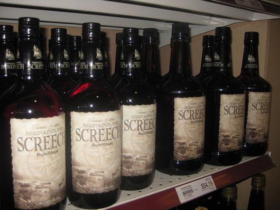 Screech rum bottles on a shelf