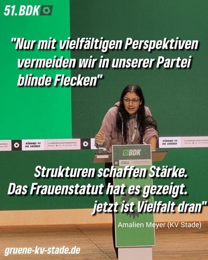 51. Bündnis 90/Die Grünen BDK Hannover (BDK bedeutet Bundes Delegierten Konferenz oder Bundesparteitag) 

"Nur mit vielfältigen Perspektiven vermeiden wir in unserer Partei blinde Flecken"

"Strukturen schaffen Stärke. Das Frauenstatut hat es gezeigt, jetzt ist Vielfalt dran"

Amalien Meyer aus dem Kreisverband Stade