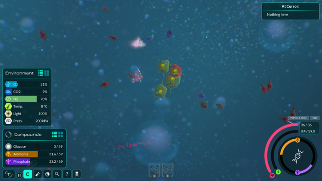 🕶️ A view of several types of microorganisms evolving in water. The menus are mainly located at the bottom left (environment and compounds) and bottom right of the screen (energy level, life and other essential compounds of the organism controlled by the player).

📚️ Thrive is a libre, multi-platform, single-player / multi-player (local/online, competitive) game of great ambition, taking as its theme the evolution of species from the microbe stage to the space age and beyond. The game is divided into 7 stages: Microbe, Multicellular, Aware, Awakening, Society, Industrial and Space. Through each of them, the player will guide his creature towards intelligence, sensitivity and the stars. The project has set itself 2 major objectives: to create a captivating and fascinating game that respects the players' intelligence, and to stick as closely as possible to known scientific theories.
