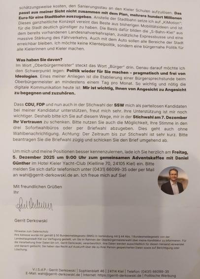 Rückseite mit der Einladung und einem Foto von Daniel Günther - dem Ministerpräsidenten (CDU). Und das nachdem er mit seiner Parteilosigkeit auf Seite eins angegeben hat.