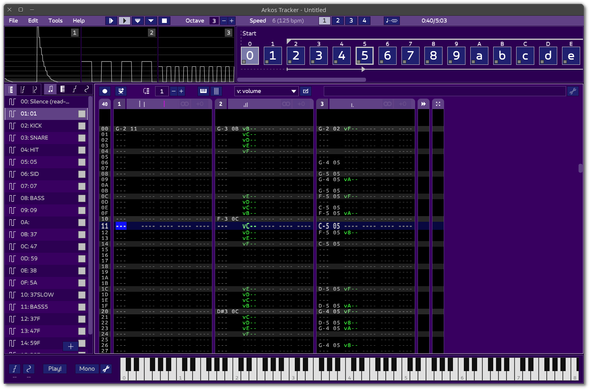 🕶️ A view of its UI (on my Linux PC, on a dark theme) with music playing. At top left, a 3-channel oscilloscope shows the shape of the signal on the current channels, to its right blocks show the playback loops, lower left the instruments used, to the right and on the main part the hexadecimal codes defining the sounds to be played scrolling over 3 tracks, and at the very bottom the piano roll.

📚️ Arkos Tracker is a libre, multi-platform tracker that recreates the sound atmosphere of 8/16-bit computers from the 80s by emulating the sound of their sound chips (AY-3-8912 & YM2149F used by many microcomputers). It supports in particular the emulation of the AY-3-8912 and YM2149F sound chips, but also specific hardware and standard PSG (Programmable sound generator) sound, with an unlimited number of PSGs (allowing to create songs with 3, 6, 9, 32-channel or more), 4 columns of effects per channel, 4 players (from versatile to extremely fast), import/export of different sound formats.