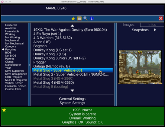 🕶️ A view of its built-in UI in version 0. 246 with a simplified menu (favorites, save, search, information and exit) at the top of the screen, underneath on the left a pre-defined ROMs ranking (Favorites is selected), in the center a scrolling list of found ROMs (the one of the game Metal Slug Super Vehicle is selected), on the right the screenshot of the selected game (Metal Slug Super Vehicle), at the bottom of the UI the result of the test (by the UI) of the selected ROM (date, function: Overall, Graphics, Sound).

📚️ M.A.M.E. (for "Multiple Arcade Machine Emulator") is a libre and multi-platform emulator, single-player / multi-player (up to 10 in hotseat, with several gamepads), of arcades machines and of a large number of game consoles, microcomputers and other calculators (since the absorption of its sister project called M.E.S.S., for "Multi Emulator Super System"). The objective is to faithfully reproduce the functioning of arcade games and systems in order to preserve the history of video games and thus avoid that certain titles sink into oblivion. It has a graphical interface and can work in command line. The content is huge (several tens of thousands of games) and of very high quality. Most of them are commercial and require the ROM of the game + the ROM of the emulated game machine (e.g.: neogeo).