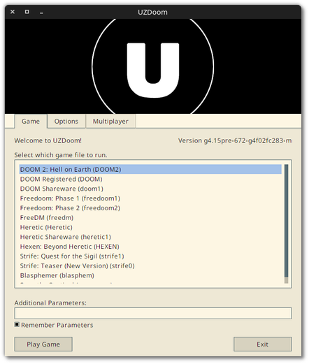 🕶️ A view of its interface (v. 4.15pre-672, on my Linux PC) upon launching the UZDoom engine: 3 tabs (Game, Options, Multiplayer). The “Game” tab is enabled by default and displays the identified content. Simply click on the “Play Game” button at the bottom left of the interface to launch the highlighted content (here “Doom2: Hell on Earth”).

📚️ UZDoom is a libre and multiplatform, single/multiplayer (up to 8 on LAN), source port of id Software's DOOM engine, and a fork of the GZDoom project (by some of its developers, following the use of AI-generated code by its main author). It retains compatibility with GZDoom mods and saves while adding new features (new mods that start using them will likely no longer be executable in GZDoom). It is compatible with Ultimate Doom (Doom 1), Doom 2, Heretic, Hexen, and Strife. The vast majority of Doom's limitations have been removed, and many new features have been added, such as free camera (up/down), high resolutions, transparency, jumps, 3D sloped floors, dynamic lighting, and more. It is currently one of the best DOOM engines available.