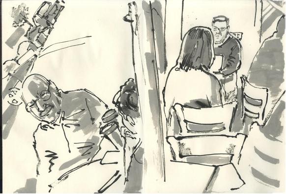 Ink sketch of people in a coffee shop and just outside the window looking outside.