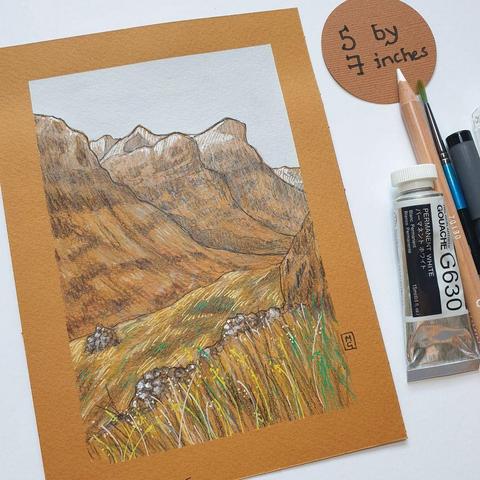 A small drawing of the Three Sisters of Glencoe. A highland mountain scene. The drawing is on terracotta coloured paper. It measures 5 by 7 inches.
The Three Sisters of Glencoe are among the most iconic and breath taking sights in the Scottish Highlands. These three towering ridges dominate the landscape of Glencoe, offering a dramatic and awe-inspiring view.
An original art work, please note that the frame is not included.
Colour pencil and mixed media on acid free toned artist paper
5 by 7 inches (12.7 by 17.8 cm).