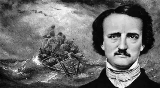 Esta es una imagen en blanco y negro que combina un retrato y una pintura, creando una composición temática.

Primer Plano (Derecha): Se ve un retrato del escritor estadounidense Edgar Allan Poe, fácilmente reconocible por su característico cabello oscuro, mostacho y la vestimenta de la época (un pañuelo o corbata anudada alrededor del cuello y un abrigo oscuro).

Fondo (Izquierda): Detrás de él, se superpone una escena en blanco y negro de una pintura dramática que representa un bote pequeño con varias figuras de personas en medio de un mar agitado y tormentoso, con olas altas y un cielo oscuro.

La combinación sugiere una conexión entre el escritor y los temas de la tragedia, el mar, o el terror, comunes en algunas de sus obras (como La narración de Arthur Gordon Pym).