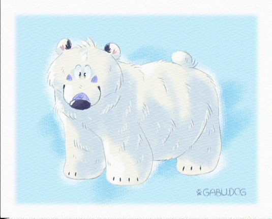 Art of Gabu, a big round polar bear, in a kind of a childrens storybook style. It has soft rounded feet that almost look like teddy bear feet, a circular head with a big snout and toony eyes. The rendering and filters makes it look like an old noisy photo of an art book.