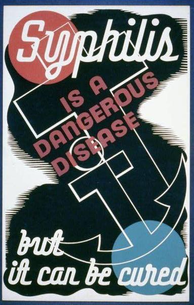 The image is a vintage poster with bold typography that reads "Syphilis" at the top in large red letters, followed by smaller white and black text stating, "Is a dangerous disease," then another line saying "but it can be cured." The overall design has a striking visual impact, using contrasting colors to grab attention. There is an image of what appears to be an anchor or some sort of symbol with the letter 'T' within it in red on top and blue at its base, possibly representing treatment for syphilis. The background consists mainly of black silhouettes that add a dramatic effect. This poster seems like part of public health campaigns aimed at raising awareness about treating syphilis during a specific period (1936 to 1941).