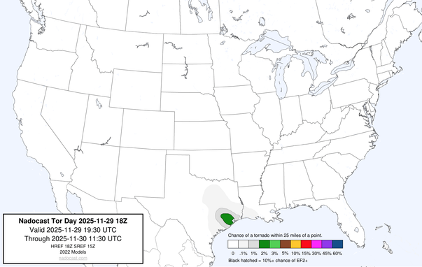 18z Day #Tornado Forecast - a map of the United States depicting areas of various colors to incidate tornado risks