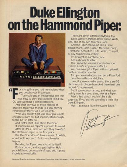 1973 - Duke Ellington - ad for Hammond Piper Organ
