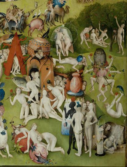 <p>This weekend I look at one of the greatest paintings in the world, Hieronymus Bosch&#8217;s <em>Garden of Earthly Delights,</em> painted between about 1495-1505. Unique in its content, it remains a conversation piece half a millennium after it was completed. This article starts at the top level, and tomorrow&#8217;s sequel delves a little into its rich and intriguing details.</p>
<p>Most triptychs were intended for use in places of worship, particularly as altarpieces. This one appears to have been commissioned primarily as a conversation piece for the well-educated nobility, specifically Count Henry III of Nassau-Breda (1483-1538), in what is now Belgium. It&#8217;s also one of Bosch&#8217;s best documented paintings, first being recorded only a year after his death, and described by a succession of viewers ever since.</p>
<p>Ilsink and others consider that Bosch&#8217;s main inspiration and source for the material in this painting was Hartmann Schedel&#8217;s extensively illustrated <em>Weltchronik</em> (history of the world) published in Nuremberg in 1493. This uses the same Biblical quotation that appears on the exterior of this painting. Despite those descriptions, extensive research, and many published studies since, it remains one of the most enigmatic paintings, with many different interpretations. Being so detailed, and with details which are so unusual, it is all too easy to get lost among its hundreds of cavorting figures and weird portmanteau objects.</p>
<p>Th