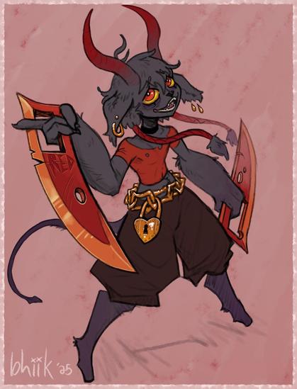 a short impish, canine demon character with a smug expression and red horns wielding two large knives with enclosed grips held reversed. he is wearing a ragged shirt, baggy shorts, and a large chain with a padlock as a belt. he has hooves and a tail with a small, spaded tip