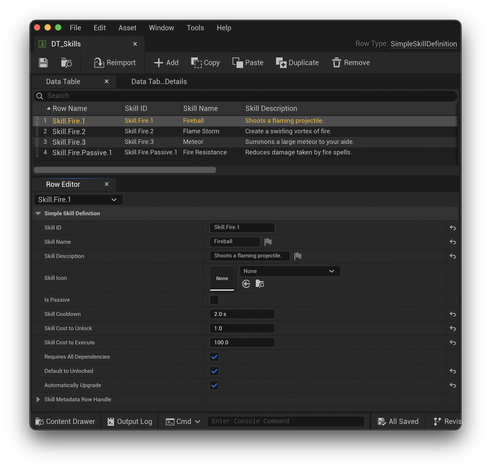 Unreal Engine Data Table example for SimpleSkills Plugin
