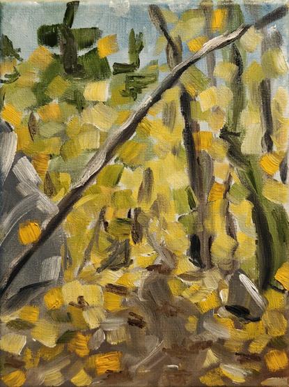 A small impressionistic forest scene painted with loose, blocky brushstrokes in yellows, greens, and grays. Sunlight filters through autumn leaves, creating a mosaic of warm, fragmented color. A few slender tree trunks and branches cut diagonally through the composition, giving a sense of depth and quiet movement in a woodland setting.
