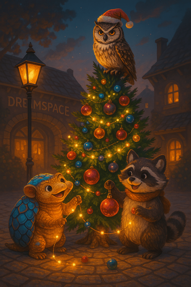 Cute animals decorating a Christmas tree with lights and ornaments at night, owl on top with Santa hat.