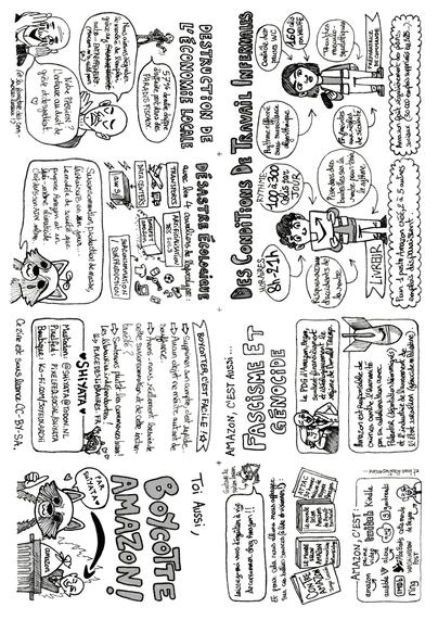 La planche complète du zine, au format A4. Les pages sont disposées de sorte à ce qu'après un pliage et découpage précis, la page se transforme en petit livret.