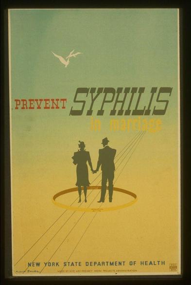 The image is a vintage poster by the New York State Department of Health, dated between 1936 and 1940. It has a teal background with silhouetted figures of a man and woman holding hands in the center. Above them are birds flying against an orange sky backdrop that merges into yellow at the bottom. The text on the poster reads "PREVENT SYPHILIS In marriage" in bold, capitalized red letters above the central illustration. Below this headline is smaller white lettering stating "NEW YORK STATE DEPARTMENT OF HEALTH." At the very bottom of the poster are additional details such as a name and organization involved with creating or producing it; however, these specific names are not mentioned here to avoid bias.