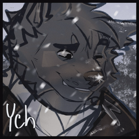 YCH (your character here) drawing. It snowy/winter themed. The wolf (the base of ych) is smiling and one of his eyes is closed. There is a snowflake on his nose. The background is winter forest