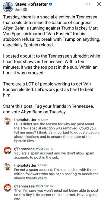A screenshot of a poster on Reddit /r/Tennessee trying to post about the election, and a mod removing the post while not really pretending there's a good reason to remove it