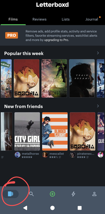 screenshot of Letterboxd mobile app with the "home" icon of 3 rectangles presumingly representing pages circled in red.